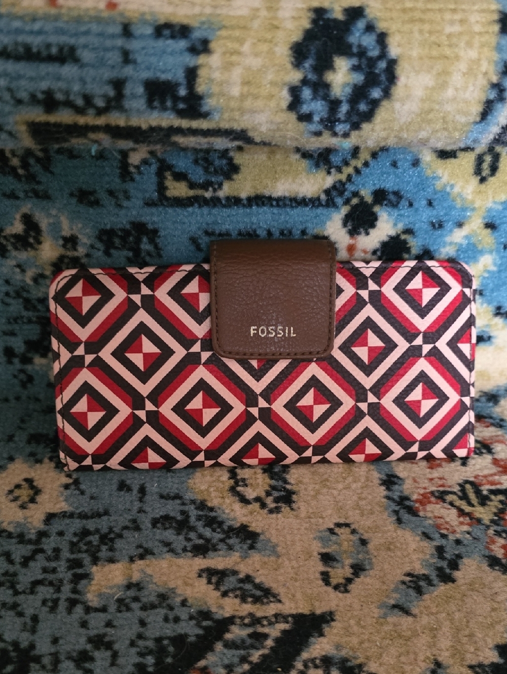 Fossil Brown-Trim Geometric Wallet in Pink, Black & White